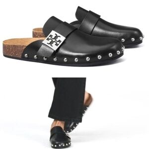 Tory Burch Mellow Studded Mules Leather Silver Studs & Logo Cork & Rubber Sole